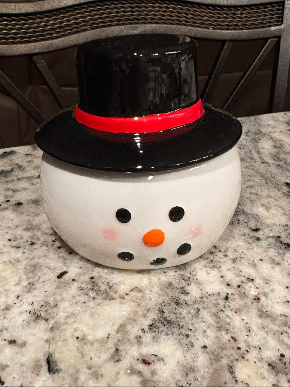 Ceramic Snowman Jar - White with Black Hat and Red Trim